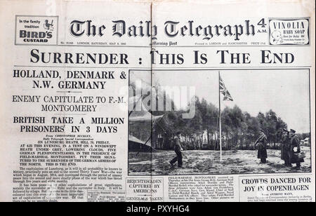 'SURRENDER:  THIS IS THE END' The Daily Telegraph front page newspaper headline on the end of World War II WWII in  MAY 5 1945 London England UK Stock Photo