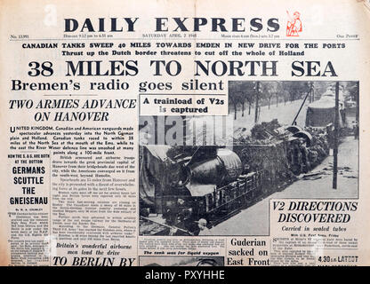 '38 MILES TO NORTH SEA' Daily Express front page vintage newspaper headline end of Second World War (World War II) WWII April1945  London England UK Stock Photo