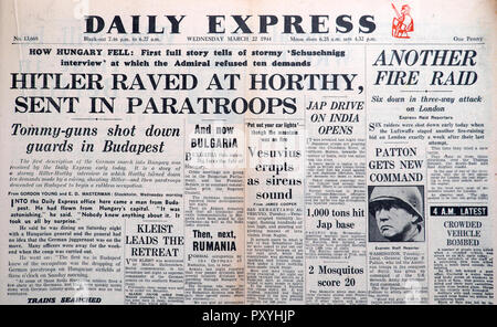 'HITLER RAVED AT HORTHY, SENT IN PARATROOPS ' Daily Express front page newspaper headline Second World War 2 WWII in  March 22 1944 London England UK Stock Photo