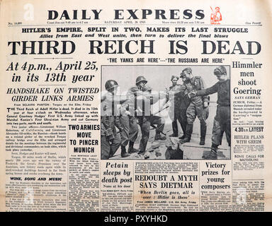 'Third REICH IS DEAD' Daily Express Russians Americans Yanks front page newspaper headline at end of the II WWII in  28 April 1945 London England UK Stock Photo