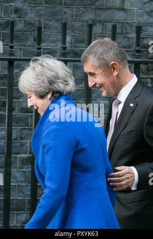 London, UK. 24th Oct, 2018. The Prime Minister of the Czech Republic, Andrej Babiš is welcomed at Downing Street by British PM Theresa May who are expected to discuss Brexit during their bilateral meeting at Number 10 Credit: amer ghazzal/Alamy Live News Stock Photo