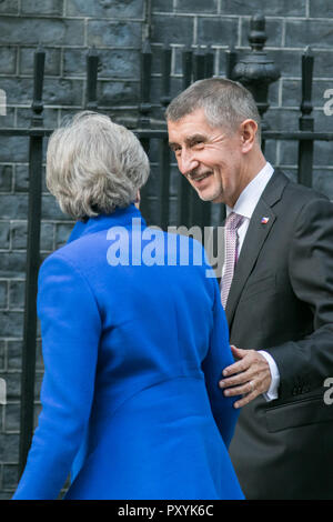 London, UK. 24th Oct, 2018. The Prime Minister of the Czech Republic, Andrej Babiš is welcomed at Downing Street by British PM Theresa May who are expected to discuss Brexit during their bilateral meeting at Number 10 Credit: amer ghazzal/Alamy Live News Stock Photo