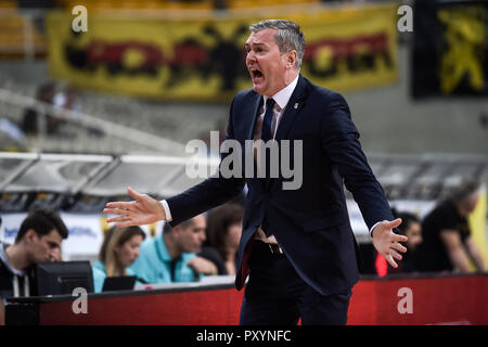 Athens, Greece. 24th Oct, 2018. 24 October 2018, Greece, Athens: Basketball: Champions League, preliminary round, Group C, 3rd matchday, AEK Athens - Brose Bamberg. Coach Ainars Bagatskis from Brose Bamberg follows the game. Credit: Angelos Tzortzinis/dpa/Alamy Live News