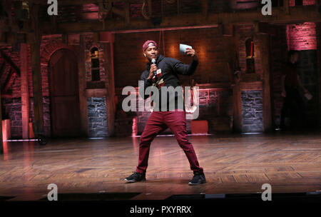 Host Bryan Terrell Clark on stage during The Rockefeller Foundation and The Gilder Lehrman Institute of American History sponsored High School student #EduHam matinee performance of 'Hamilton' at the Richard Rodgers Theatre on October 24, 2018 in New York City. Credit: Walter McBride/MediaPunch Stock Photo