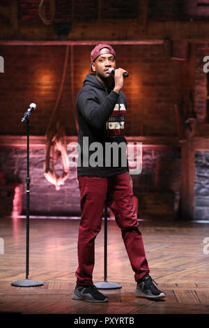 Host Bryan Terrell Clark on stage during The Rockefeller Foundation and The Gilder Lehrman Institute of American History sponsored High School student #EduHam matinee performance of 'Hamilton' at the Richard Rodgers Theatre on October 24, 2018 in New York City. Credit: Walter McBride/MediaPunch Stock Photo