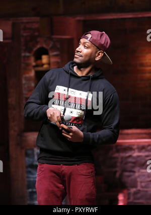 Host Bryan Terrell Clark on stage during The Rockefeller Foundation and The Gilder Lehrman Institute of American History sponsored High School student #EduHam matinee performance of 'Hamilton' at the Richard Rodgers Theatre on October 24, 2018 in New York City. Credit: Walter McBride/MediaPunch Stock Photo