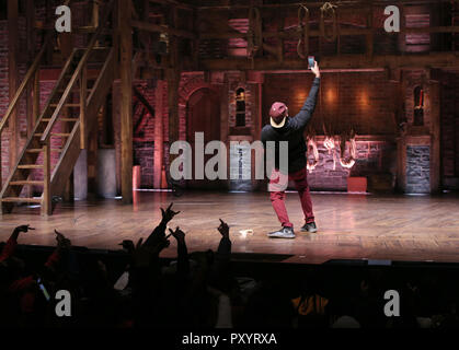 Host Bryan Terrell Clark on stage during The Rockefeller Foundation and The Gilder Lehrman Institute of American History sponsored High School student #EduHam matinee performance of 'Hamilton' at the Richard Rodgers Theatre on October 24, 2018 in New York City. Credit: Walter McBride/MediaPunch Stock Photo