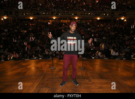 Host Bryan Terrell Clark during The Rockefeller Foundation and The Gilder Lehrman Institute of American History sponsored High School student #EduHam matinee performance of 'Hamilton' at the Richard Rodgers Theatre on October 24, 2018 in New York City. Credit: Walter McBride/MediaPunch Stock Photo