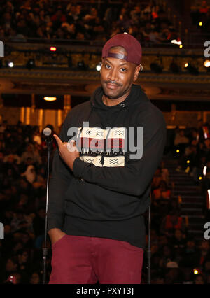 Host Bryan Terrell Clark during The Rockefeller Foundation and The Gilder Lehrman Institute of American History sponsored High School student #EduHam matinee performance of 'Hamilton' at the Richard Rodgers Theatre on October 24, 2018 in New York City. Credit: Walter McBride/MediaPunch Stock Photo