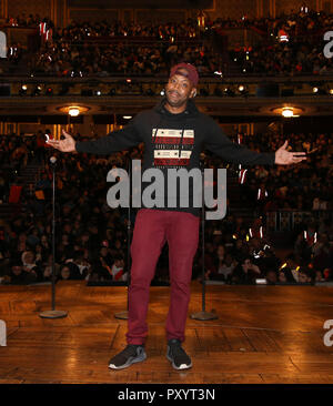 Host Bryan Terrell Clark during The Rockefeller Foundation and The Gilder Lehrman Institute of American History sponsored High School student #EduHam matinee performance of 'Hamilton' at the Richard Rodgers Theatre on October 24, 2018 in New York City. Credit: Walter McBride/MediaPunch Stock Photo