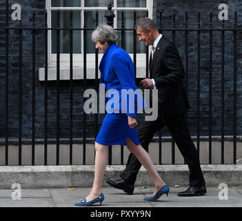 London, UK. 24th Oct, 2018. British Prime Minister Theresa May greets her Czech counterpart Andrej Babis before their talks at 10 Downing Street in London, during Czech PM's working visit to Britain on Wednesday, October 24, 2018. Credit: Michal Krumphanzl/CTK Photo/Alamy Live News Stock Photo