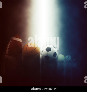 3D render of various sports balls on dramatic background Stock Photo