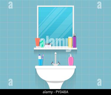 Bathroom sink with mirror, cosmetic bottles, jar of cream, liquid soap, toothpaste and toothbrush. Part of bathroom interior. Flat style vector illust Stock Vector