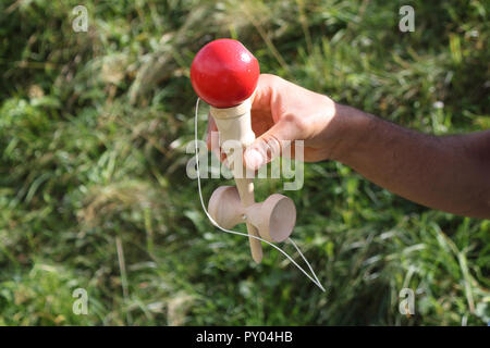 A young boy with a blue colored t-shirt holding a wooden kendama stick and playing with a red ball in a green grass lawn during a sunny summer Stock Photo