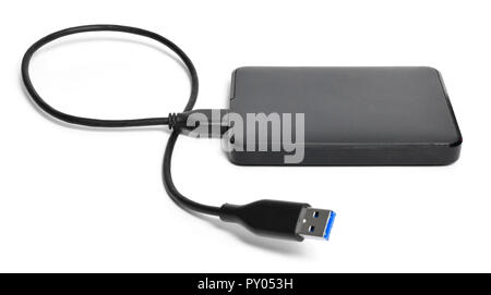 External hard disk with cable, isolated on white background. Small modern hard drive, PC security. Stock Photo