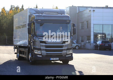 Lieto, Finland - October 19, 2018: Scania CNG/CGB gas powered P280 delivery truck test driven on Scania Urban Tour 2018 Turku. Stock Photo