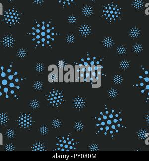 Seamless Christmass vector pattern. Package Backdrop template. Abstract falling snowflakes on black background. Vector illustration. Winter night, cartoon style texture. Holiday decorations. Stock Vector