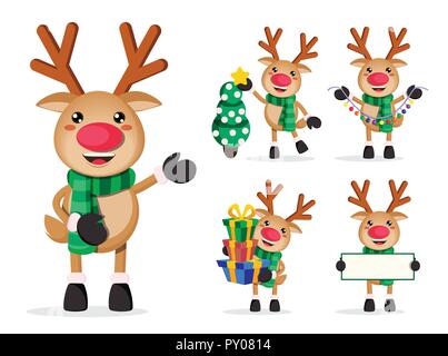 Reindeer vector characters set. Rudolph cartoon characters holding christmas elements and objects isolated in white background. Vector illustration. Stock Vector