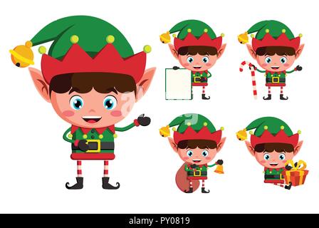 Christmas elves vector character set. Young boy elf cartoon characters holding christmas elements and objects isolated in white background. Vector Stock Vector