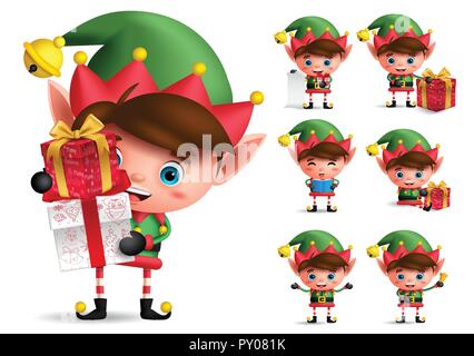 Christmas elf vector character set. Boy elves with green costume holding gifts and playing isolated in white background. Vector illustration. Stock Vector