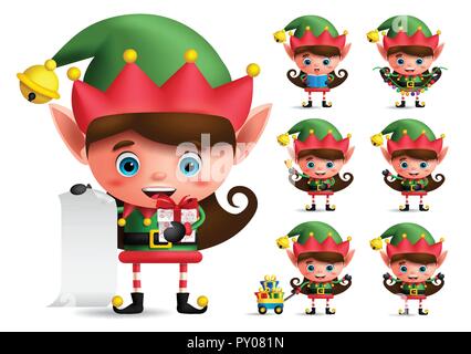 Christmas elf vector character set. Girl elves with green costume holding gifts and christmas elements while playing isolated in white background. Stock Vector