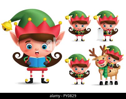 Girl christmas elf vector character set. Little kid elves with green costume singing christmas song and playing isolated in white background. Vector Stock Vector