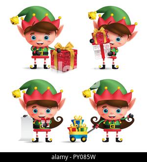 Christmas elves vector characters set. Cute kids with green elf costume holding gifts and other christmas elements isolated in white background. Stock Vector