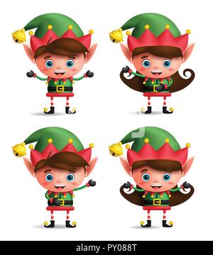 Christmas elves vector character set. Cute kids wearing green elf costume showing different posture and hand gestures isolated in white background. Stock Vector