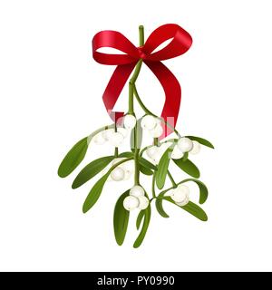Mistletoe. Vector illustration of hanging mistletoe sprigs with berries and red bow isolated on white background for Christmas cards and decorative de Stock Vector