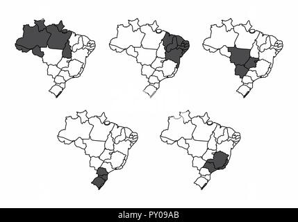 A set of Brazil maps with all the main five regions highlighted Stock Vector