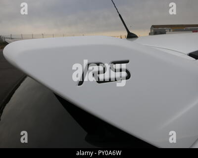 Ford Focus RS mk3 shown at donnington park race circuit at the RS owners club national day 2018 showing rear aerodynamic spoiler with gel badge inlay Stock Photo