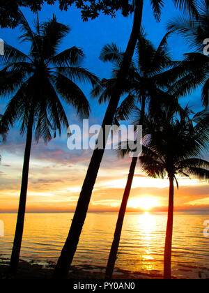 Scenic view with silhouettes of palm trees on beach at sunset, Boracay, Aklan, Philippines Stock Photo