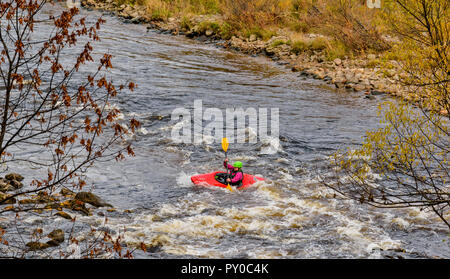 RIVER SPEY SCOTLAND IN AUTUMN RED KAYAK IN WHITE WATER Stock Photo