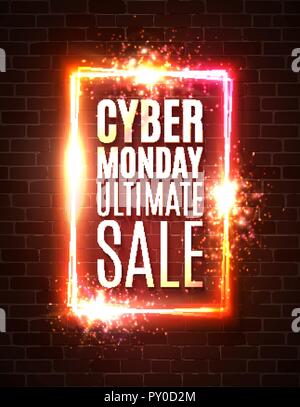 Cyber Monday banner on red brick wall. Ultimate sale background. Rectangle street neon sign. Cyber Monday design template with advertising text. Bright vector illustration with flares and sparkles. Stock Vector