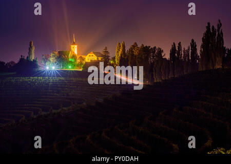Jeruzalem: church, vineyard, wine growing area, hills, stars in Jeruzalem–Ormoz Hills Nature Park, Stajerska (Styria), Slovenia Stock Photo