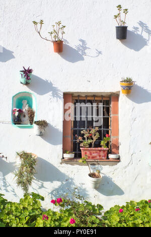 Traditional Andalusian house facade decorated with flower pots and a little chapel with a Virgin, in Vejer de la Frontera, a beautiful town in the pro Stock Photo