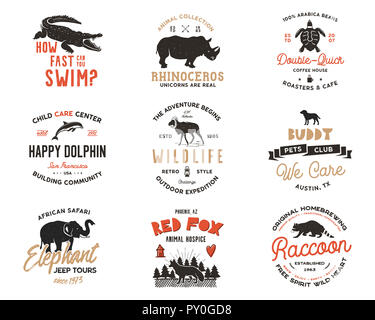 Wild animal Badges set and great outdoors activity insignias. Retro illustration of animal badges. Typographic camping style. wild Animal logos with letterpress effect. Explorer quotes. Part 2 Stock Photo