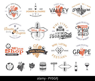Wine logos, labels set. Winery, wine shop, vineyards badges collection. Retro Drink symbol. Typographic design illustration. Stock emblems and icons isolated on white background Stock Photo