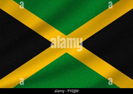 national flag of Jamaica on wavy cotton fabric. Realistic vector illustration. Stock Vector