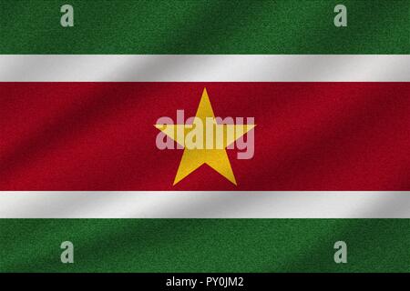 national flag of Suriname on wavy cotton fabric. Realistic vector illustration. Stock Vector