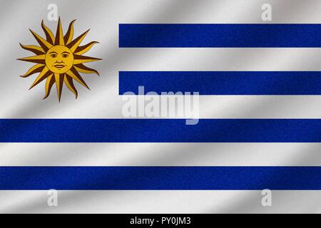 national flag of Uruguay on wavy cotton fabric. Realistic vector illustration. Stock Vector