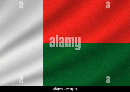 national flag of Madagascar on wavy cotton fabric. Realistic vector illustration. Stock Vector