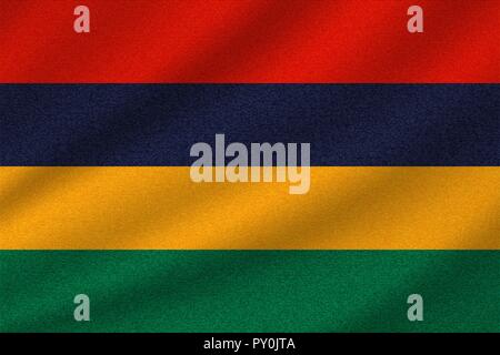 national flag of Mauritius on wavy cotton fabric. Realistic vector illustration. Stock Vector