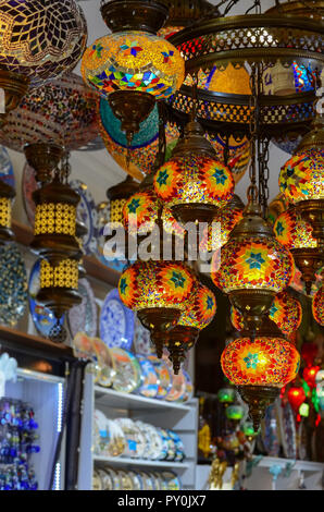 Turkish traditional colored glass craft lights. Grand market, Istanbul. Stock Photo