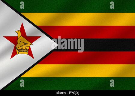 national flag of Zimbabwe on wavy cotton fabric. Realistic vector illustration. Stock Vector