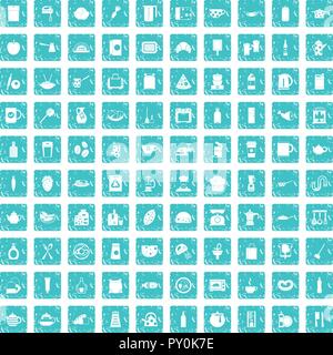 100 kitchen icons set grunge blue Stock Vector