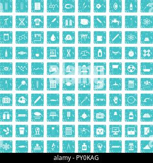 100 laboratory icons set grunge blue Stock Vector