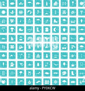 100 landscape icons set grunge blue Stock Vector