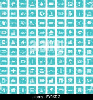 100 landscape element icons set grunge blue Stock Vector