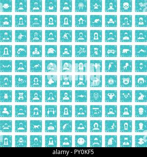 100 avatar icons set grunge blue Stock Vector